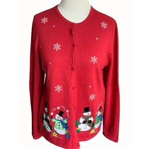 Croft & Barrow Womens Red Christmas Cardigan Sweater Snowmen Snowflakes Medium